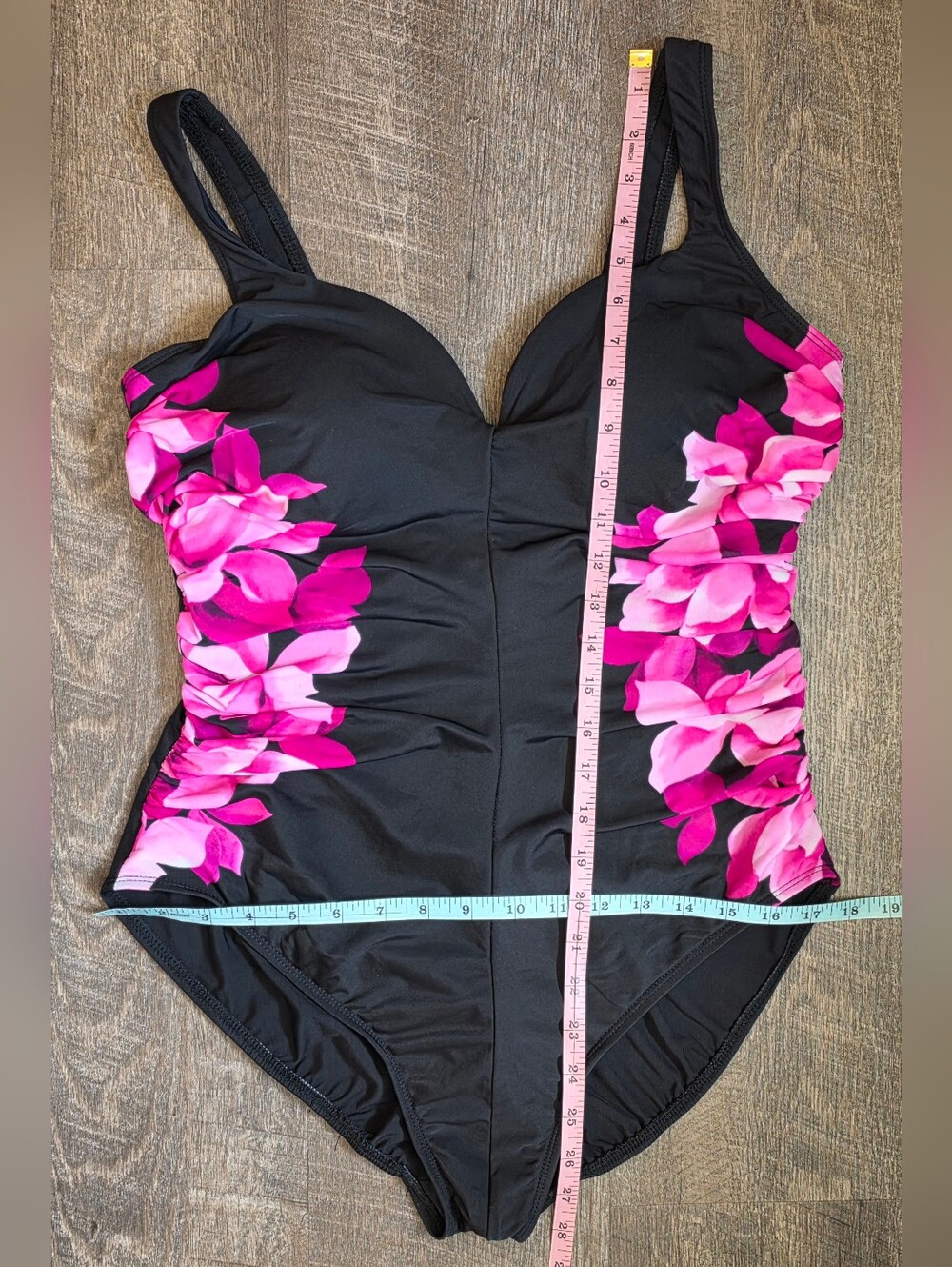 Vintg Miraclesuit One-Piece Ruched Swimsuit Womens XL Black Pink Florals Flatter - Picture 7 of 10